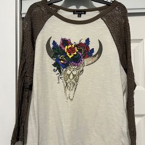 Brown Lace Sleeve Cow Skull Top
